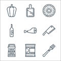 Gastronomy line icons. linear set. quality vector line set such as fork, tin, cheese grater, cleaver knife, ham leg, wine bottle,
