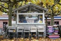 Gastronomy lockdown, closed restaurant terrace, beer garden due to corona epidemic, chairs and tables stacked