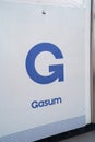 Gasum logo close up in natural gas filling station. Lahti, Finland Royalty Free Stock Photo