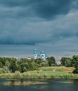 Gatchina, Russia, 25 August 2020: Pokrovsky Cathedral in summer on background of sky.