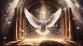 Gate with beams of light coming through it and white dove, conceptual illustraion for divine spirit