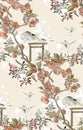 Gate blossom dragonfly mountain nature landscape view vector japanese chinese oriental line art ink seamless pattern