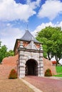 Gate in brick ancient city wall, Veerpoort, Schoonhoven, Netherlands Royalty Free Stock Photo