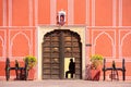 Gate with cannons at Chandra Mahal in Jaipur City Palace, Rajasthan, India