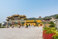 Gate of Chinese traditional royal style colorful temples in the Putuoshan mountains, Zhoushan Islands,  a renowned site in Chinese Royalty Free Stock Photo