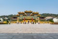 Gate of Chinese traditional royal style colorful temples in the Putuoshan mountains, Zhoushan Islands,  a renowned site in Chinese Royalty Free Stock Photo