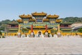 Gate of Chinese traditional royal style colorful temples in the Putuoshan mountains, Zhoushan Islands,  a renowned site in Chinese Royalty Free Stock Photo