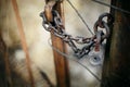 Gate closed on the lock on a rusty chain. A gate closed on the lock Royalty Free Stock Photo