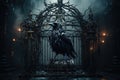 Gate with crow background. scary cemetery gate. Generative AI