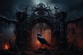 Gate with crow background. scary cemetery gate. Generative AI