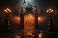 Gate with crow background. scary cemetery gate. Generative AI