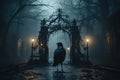 Gate with crow background. scary cemetery gate. Generative AI