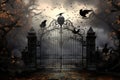 Gate with crow background. scary cemetery gate. Generative AI