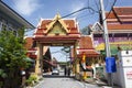 Gate entrance for thai people and foreign travelers travel visit and respect praying blessing holy mystery worship of Wat Bang