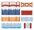 Gate fence set in different design wooden, metal, stone barriers. Illustration of decorative barrier. Outdoor protective