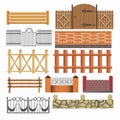 Gate, fences and hedges metal, stone, wood vector icons set Royalty Free Stock Photo