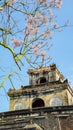 Gate Of Hue Imperial Citadel With Flowers Of Parasol Trees On Blue Sky In Hue, Vietnam. Royalty Free Stock Photo