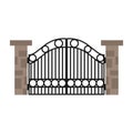 Gate with iron fence door and metal cartoon manor decoration. Front entrance from ironwork grid vector illustration. Old lattice Royalty Free Stock Photo