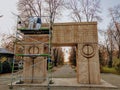 Gate of the Kiss, Alley of Chairs and Table of Silence official restoration process. Path of Heroes complex by Constantin Brancusi Royalty Free Stock Photo