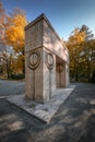 The Gate of the Kiss Poarta sarutului sculpture made by Constantin Brancusi in Targu Jiu, Romania - amazing autumn wide angle vi Royalty Free Stock Photo