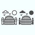 Gate line and solid icon. Scary landscape with birds and cloud, night of full moon. Halloween vector design concept Royalty Free Stock Photo