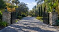 A gate is open to a driveway Royalty Free Stock Photo