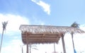 Gate with Tiki palm thatched ridge with two coconut trees in the background and blue sky