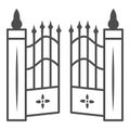 Gate to cemetery thin line icon, Halloween concept, cemetery sign on white background, graveyard fence icon in outline Royalty Free Stock Photo