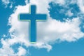 Gate to heaven. Shining cross in clouds on blue sky. Copy space. Ascension day concept. Christian Easter. Faith in Jesus