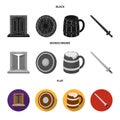 A gate to the treasure, a shield for protection, a mug with a bra, a sword. Vikings set collection icons in black, flat