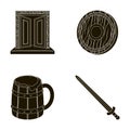 A gate to the treasure, a shield for protection, a mug with a bra, a sword. Vikings set collection icons in black style