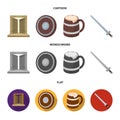 A gate to the treasure, a shield for protection, a mug with a bra, a sword. Vikings set collection icons in cartoon,flat