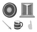 A gate to the treasure, a shield for protection, a mug with a bra, a sword. Vikings set collection icons in monochrome