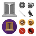 A gate to the treasure, a shield for protection, a mug with a bra, a sword. Vikings set collection icons in monochrome