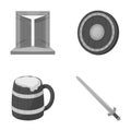 A gate to the treasure, a shield for protection, a mug with a bra, a sword. Vikings set collection icons in monochrome