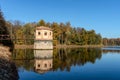 The gate tower on the pond. Drainage system of the lake. A linden alley on the shore of the lake