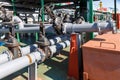 Gate valves and pipelines for loading and discharging liquid cargo on oil-chemical tanker Royalty Free Stock Photo