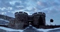 Zindan gate and wooden bridge of Kalemegdan fortress in winter with snow on the ground Belgrade, Serbia Royalty Free Stock Photo