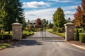 gated entrance of a french country estate with a circular driveway