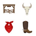 Gates, a bull`s skull, a scarf around his neck, boots with spurs. Rodeo set collection icons in cartoon style vector Royalty Free Stock Photo