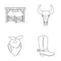 Gates, a bull s skull, a scarf around his neck, boots with spurs. Rodeo set collection icons in outline style vector