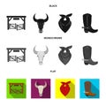 Gates, a bull skull, a scarf around his neck, boots with spurs. Rodeo set collection icons in black, flat, monochrome