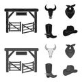 Gates, a bull skull, a scarf around his neck, boots with spurs. Rodeo set collection icons in black,monochrome style