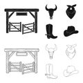 Gates, a bull skull, a scarf around his neck, boots with spurs. Rodeo set collection icons in black,outline style vector Royalty Free Stock Photo