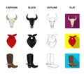 Gates, a bull skull, a scarf around his neck, boots with spurs. Rodeo set collection icons in cartoon,black,outline,flat