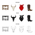 Gates, a bull skull, a scarf around his neck, boots with spurs. Rodeo set collection icons in cartoon,black,outline