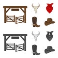 Gates, a bull skull, a scarf around his neck, boots with spurs. Rodeo set collection icons in cartoon,monochrome style