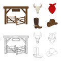 Gates, a bull skull, a scarf around his neck, boots with spurs. Rodeo set collection icons in cartoon,outline style