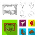 Gates, a bull skull, a scarf around his neck, boots with spurs. Rodeo set collection icons in outline,flat style vector