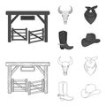 Gates, a bull skull, a scarf around his neck, boots with spurs. Rodeo set collection icons in outline,monochrome style